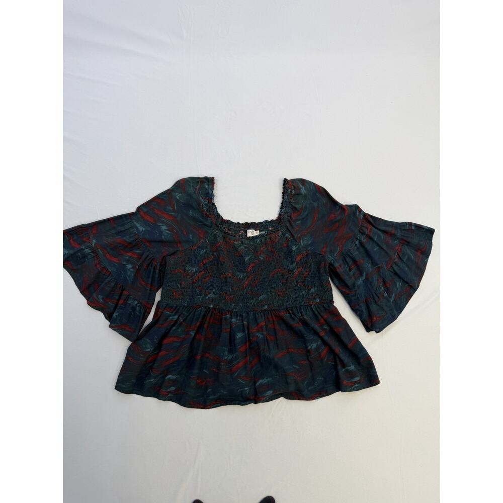 Terra & Sky Blouse Womens 3X 24/26 Blue Red Smocked Short Bell Sleeve Boho - Picture 9 of 10